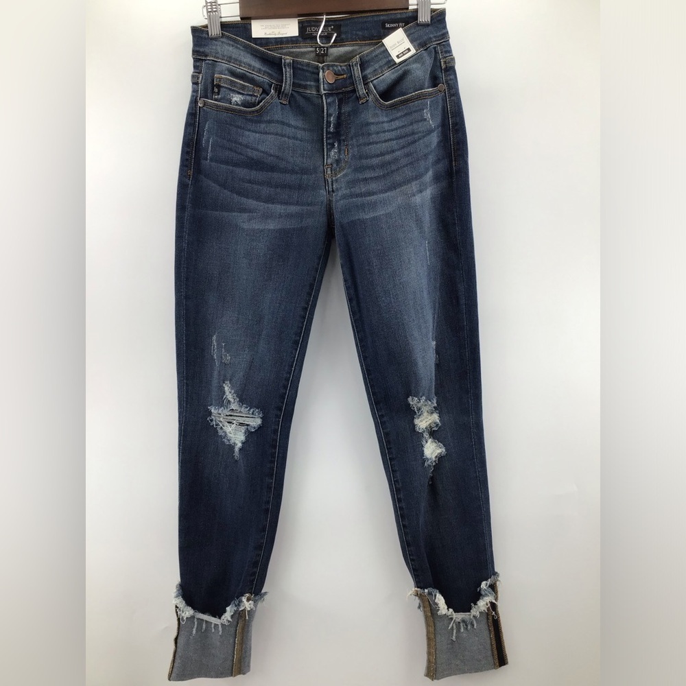 Judy Blue Dark Wash Distressed Skinny Crop Jeans - Picture 2 of 11